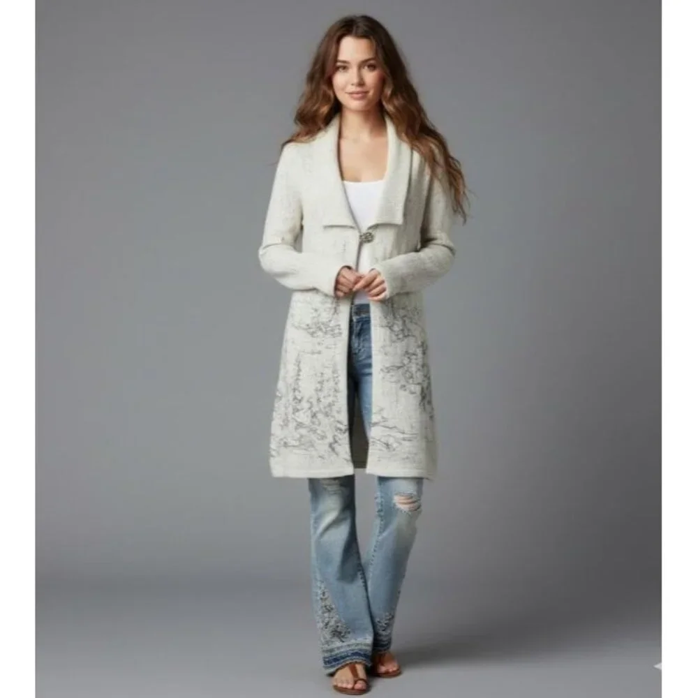 Coldwater Creek Wool Long Cardigan Beige & Gray Alpine Scenic Artsey - Picture 6 of 15